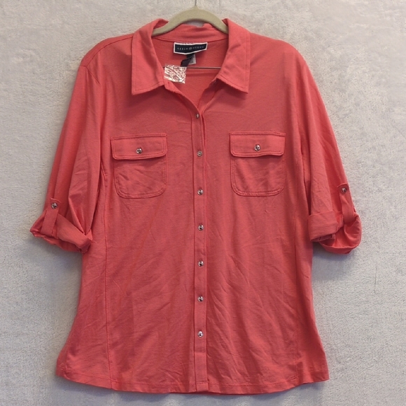 Karen Scott Women's Pink 3/4 Sleeve Button Shirt Size L - Picture 1 of 6